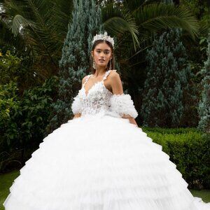 New Evening Ruffle Maxi Ball Gown w/ V-Neck & Removable Ruffle Sleeves GL3610